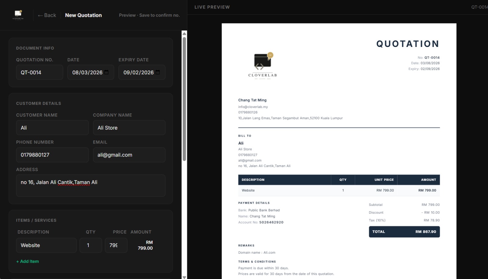 CloverBill live preview updating as form fields are filled in